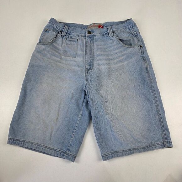 Vintage Y2K God Body Distressed Denim Shorts Baggy Wide Leg Jorts Mens Size 36 - Picture 1 of 11